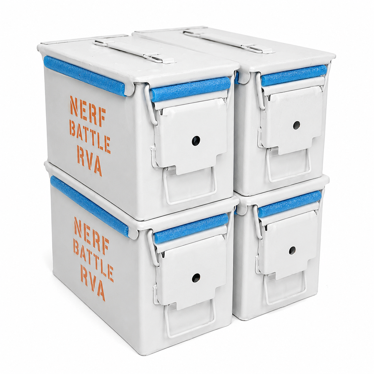 Ammo crates full of Nerf Elite foam darts for reloading mid battle