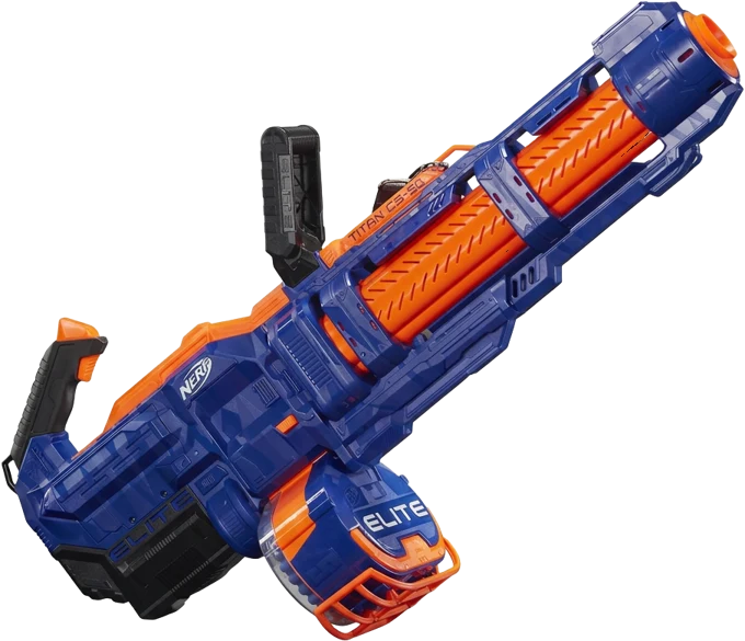 Nerf Titan CS-50 with its motorized 50-dart drum, reserved for the birthday kid