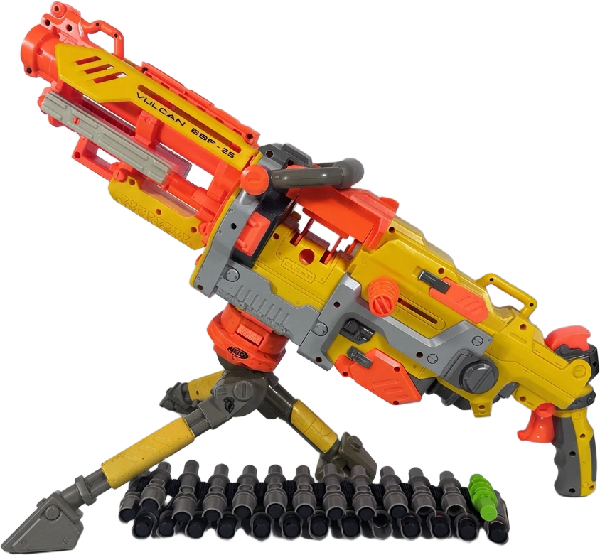 Nerf Vulcan EBF-25 belt-fed blaster on tripod